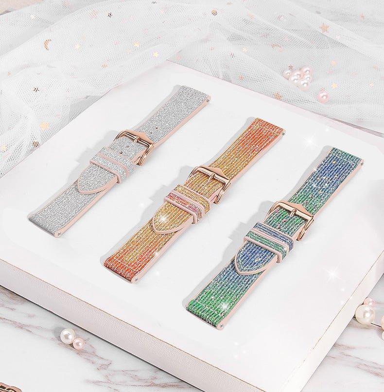 Trois bracelets silicone scintillants pour montre connectée, boucles ardillon roses, couleurs gris, orange, vert-bleu.