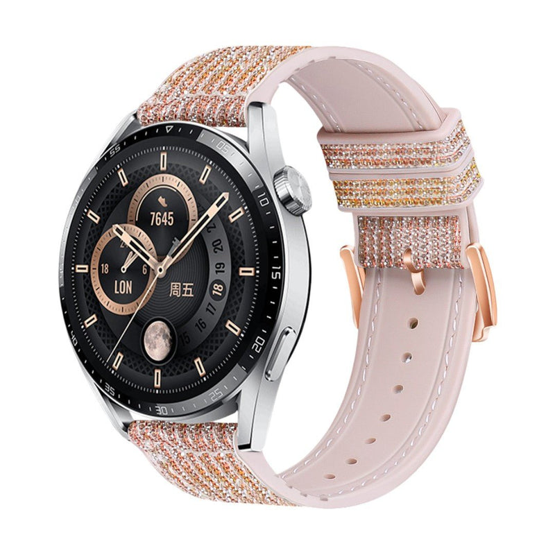 Bracelet rose scintillant en silicone doux avec boucle ardillon rose doré, compatible montre connectée.