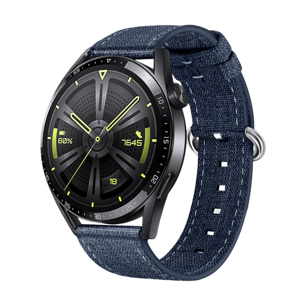 Bracelet de montre en nylon bleu marine avec boucle ardillon argentée, léger et résistant pour montre connectée.