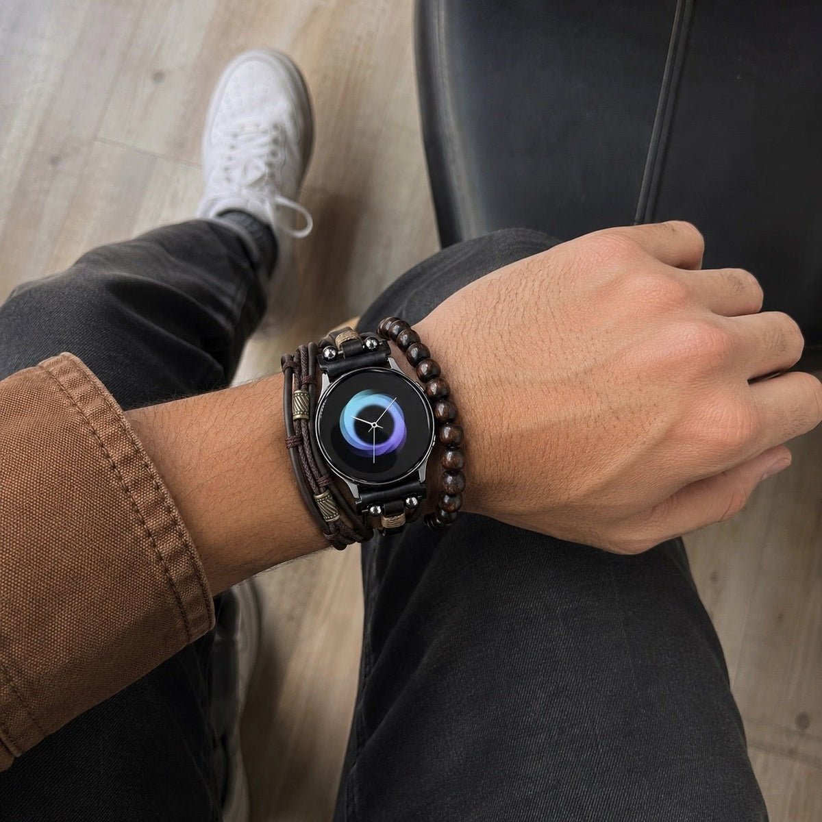 Bracciale per Samsung Watch / Huawei Watch / Garmin Quick Release / Ice Watch multi-fili, perle di legno naturale, chiusura a clip regolabile, stile etnico chic, modello Ipsène