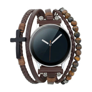 Bracelet Samsung Watch / Huawei Watch / Garmin / Ice Watch multi rangs simili vegan et perles œil de tigre, montre avec croix, design masculin moderne, modèle Dezio
