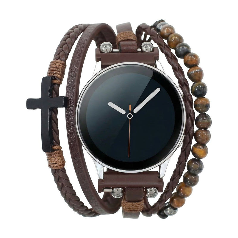 Bracelet Samsung Watch / Huawei Watch / Garmin / Ice Watch multi rangs simili vegan et perles œil de tigre, montre avec croix, design masculin moderne, modèle Dezio