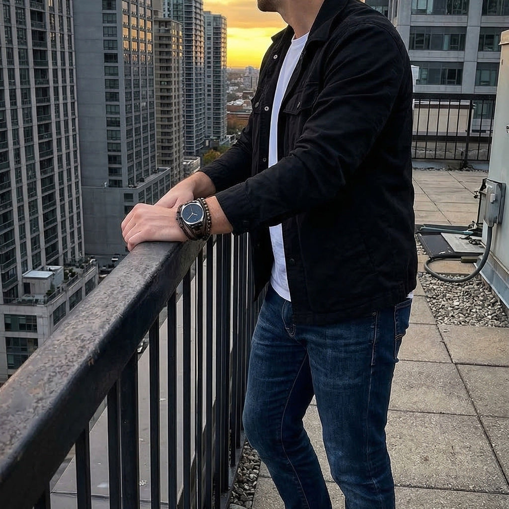 Bracelet Samsung Watch / Huawei Watch / Garmin / Ice Watch multi rangs simili vegan et perles œil de tigre, montre avec croix, design masculin moderne, modèle Dezio