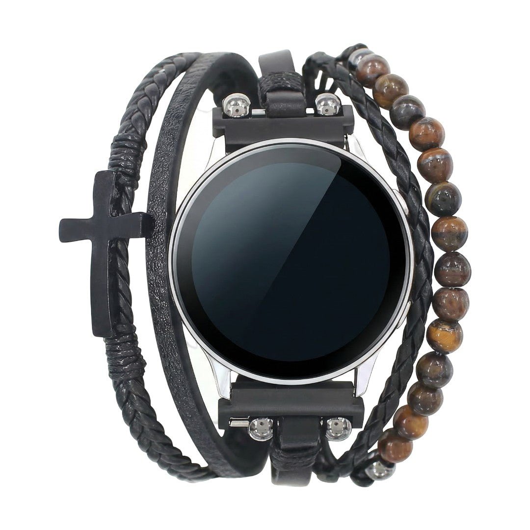 Armband für Samsung Watch / Huawei Watch / Garmin / Ice Watch, mehrreihig aus veganem Kunstleder und Tigerauge-Perlen, Uhr mit Kreuz, modernes maskulines Design, Modell Dezio
