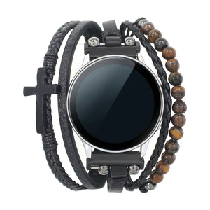 Bracelet Samsung Watch / Huawei Watch / Garmin / Ice Watch multi rangs simili vegan et perles œil de tigre, montre avec croix, design masculin moderne, modèle Dezio