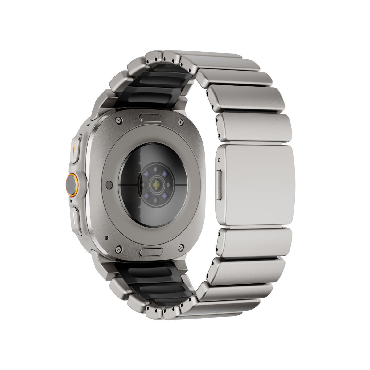 Bracelet Samsung Watch Ultra en titane gris avec maillons robustes et intérieur noir en silicone FKM, fixation magnétique.