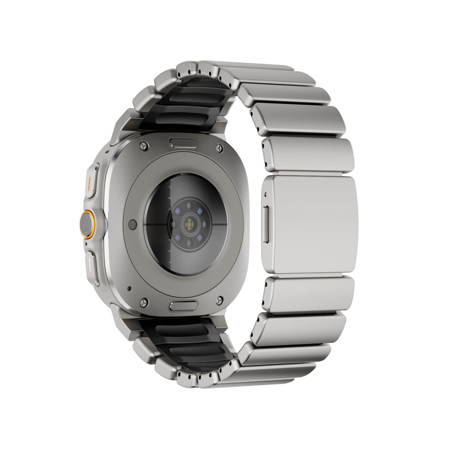 Bracelet Samsung Watch Ultra en titane gris avec maillons robustes et intérieur noir en silicone FKM, fixation magnétique.