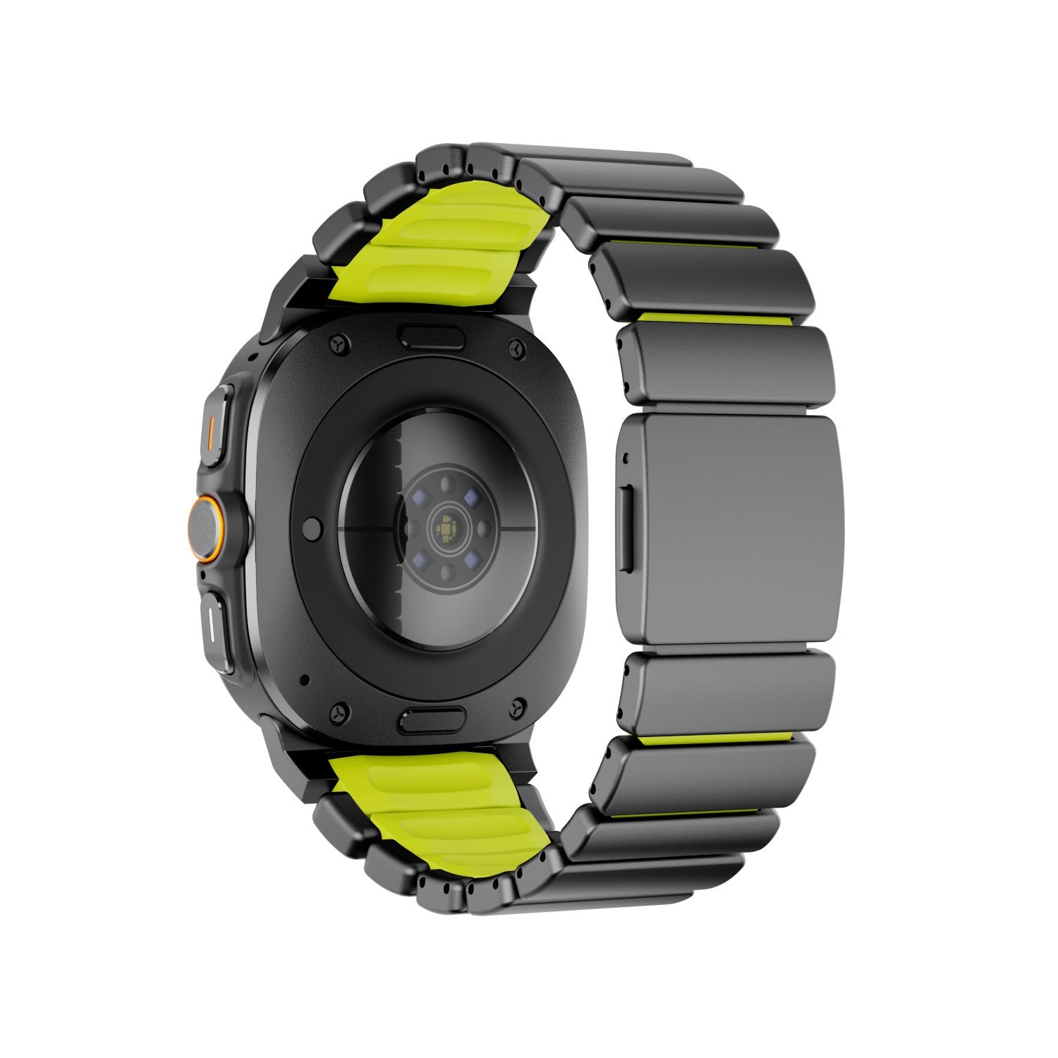 Bracelet Samsung Watch Ultra en titane gris anthracite avec intérieur silicone FKM jaune vif et maillons robustes.