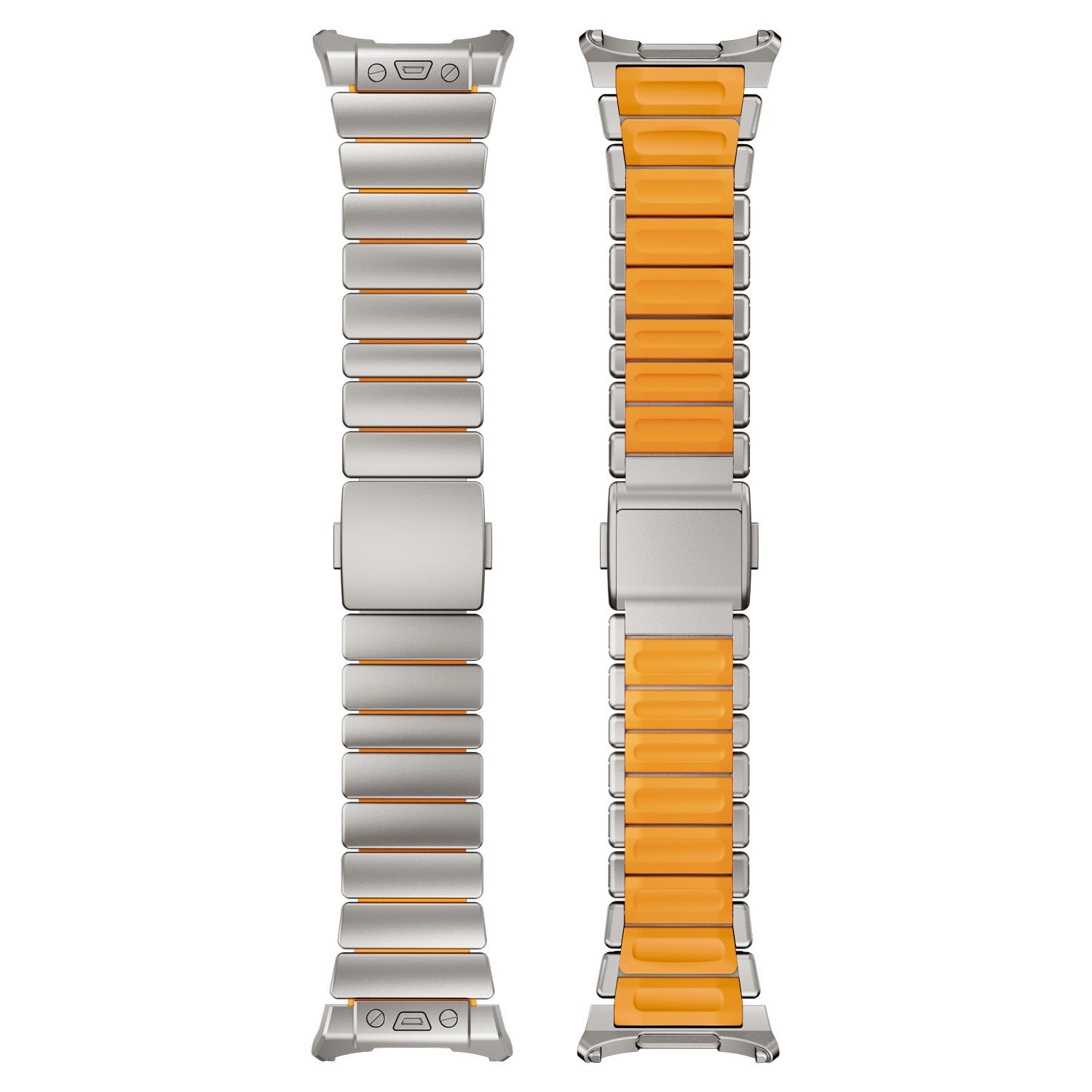 Bracelet pour Samsung Watch Ultra en titane gris avec intérieur orange en silicone FKM et maillons robustes, fixation.