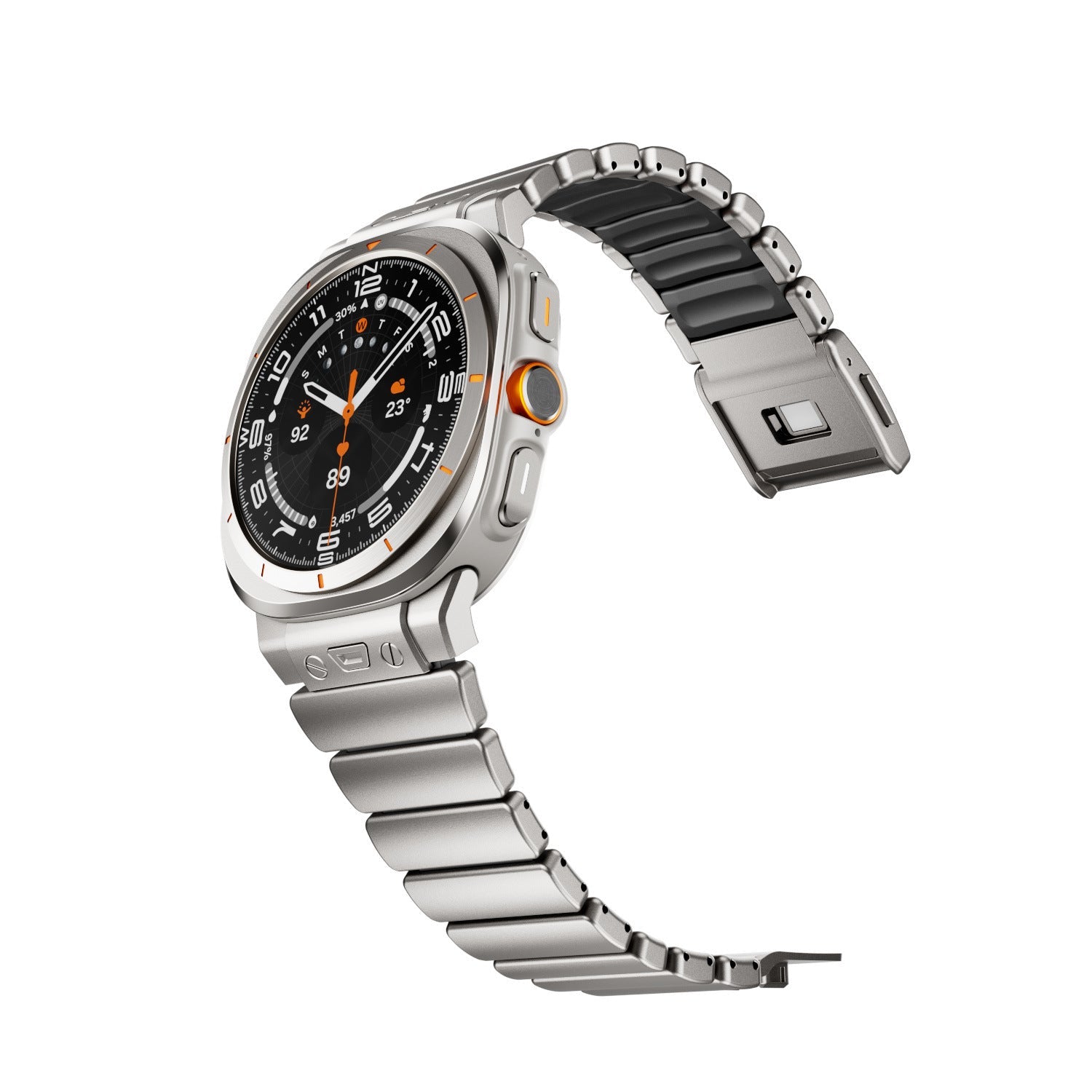 Bracelet Samsung Watch Ultra en titane argenté mat, maillons larges et intérieurs noirs en silicone FKM, fixation magnétique