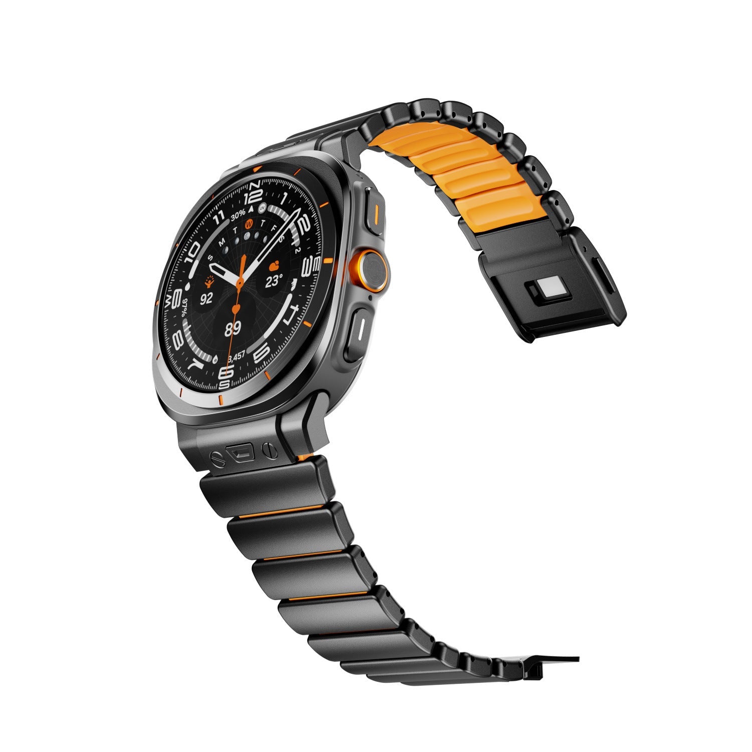 Bracelet Samsung Watch Ultra en titane gris avec maillons robustes, intérieur silicone orange, fixation magnétique noire.