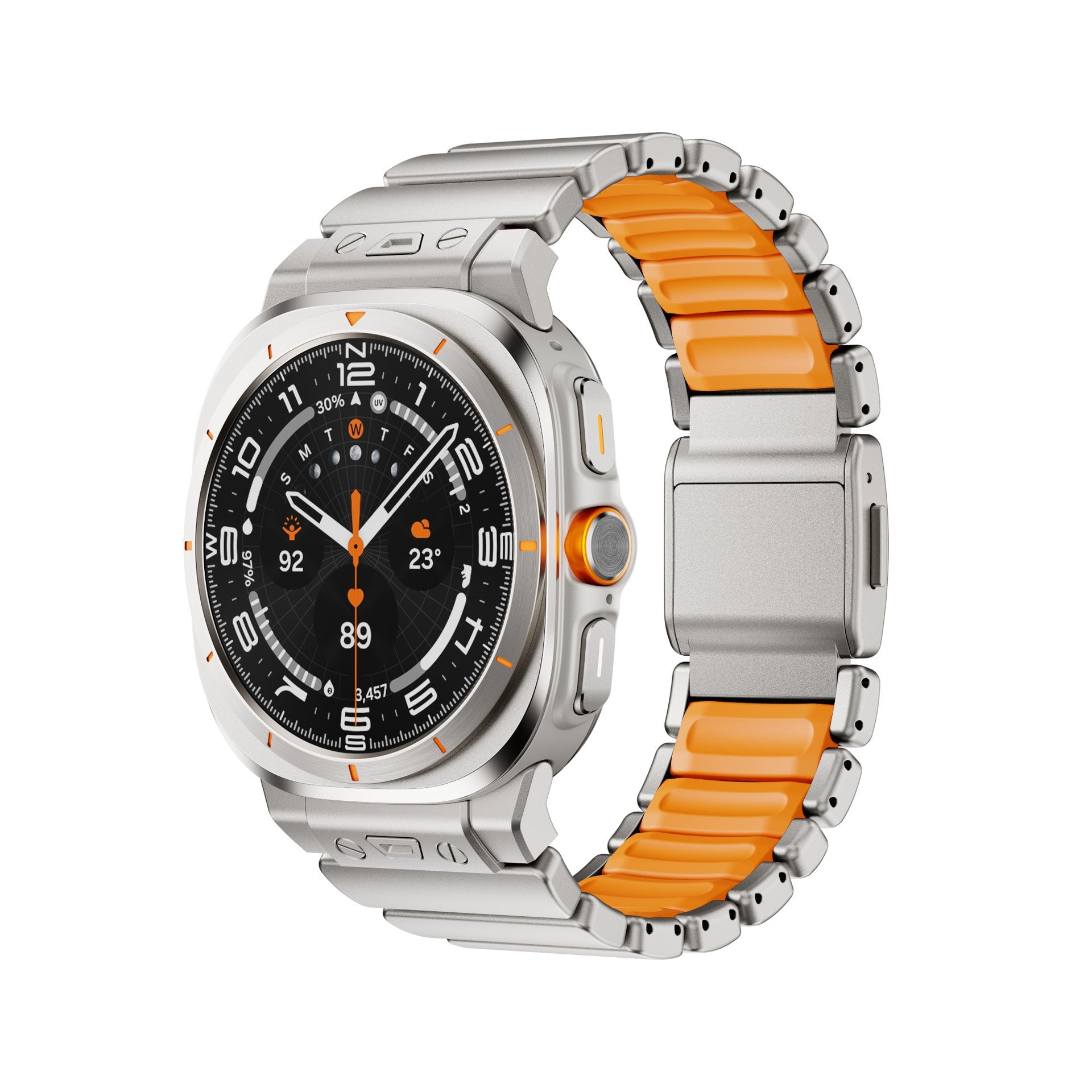 Bracelet Samsung Watch Ultra titane gris avec maillons robustes et intérieur silicone orange, fixation magnétique.