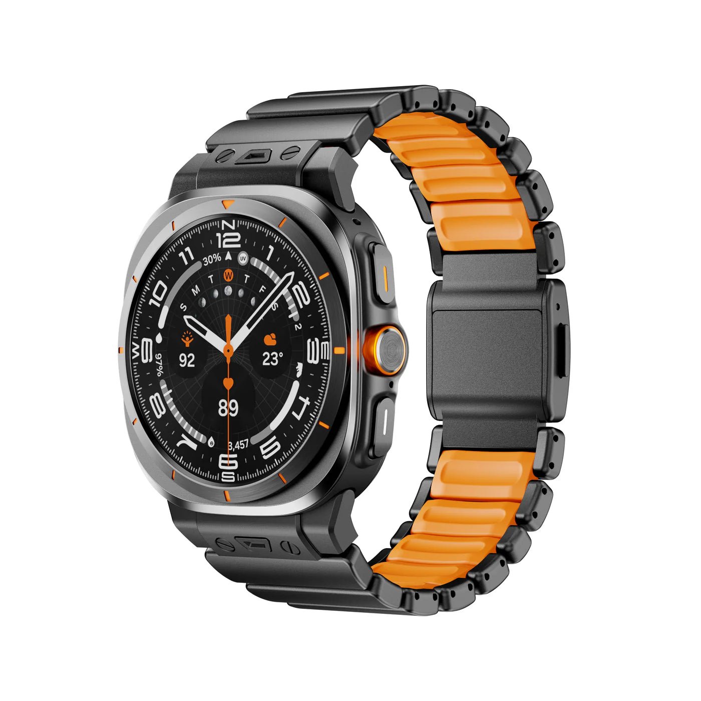 Bracelet Samsung Watch Ultra en titane gris avec intérieur en silicone orange et fixation magnétique noire.