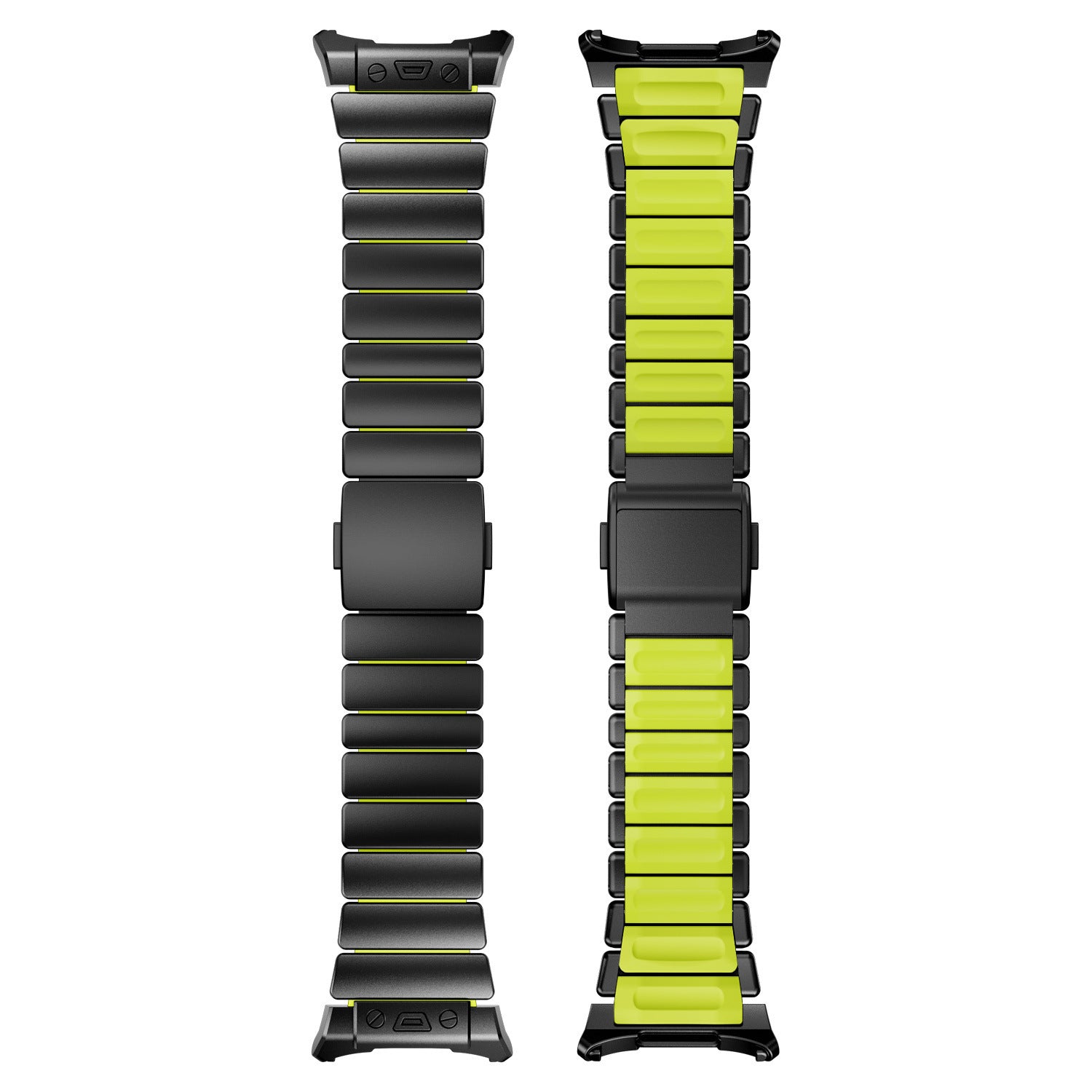 Bracelet Samsung Watch Ultra en titane gris avec maillons robustes et intérieur silicone vert lime, fixation magnétique.