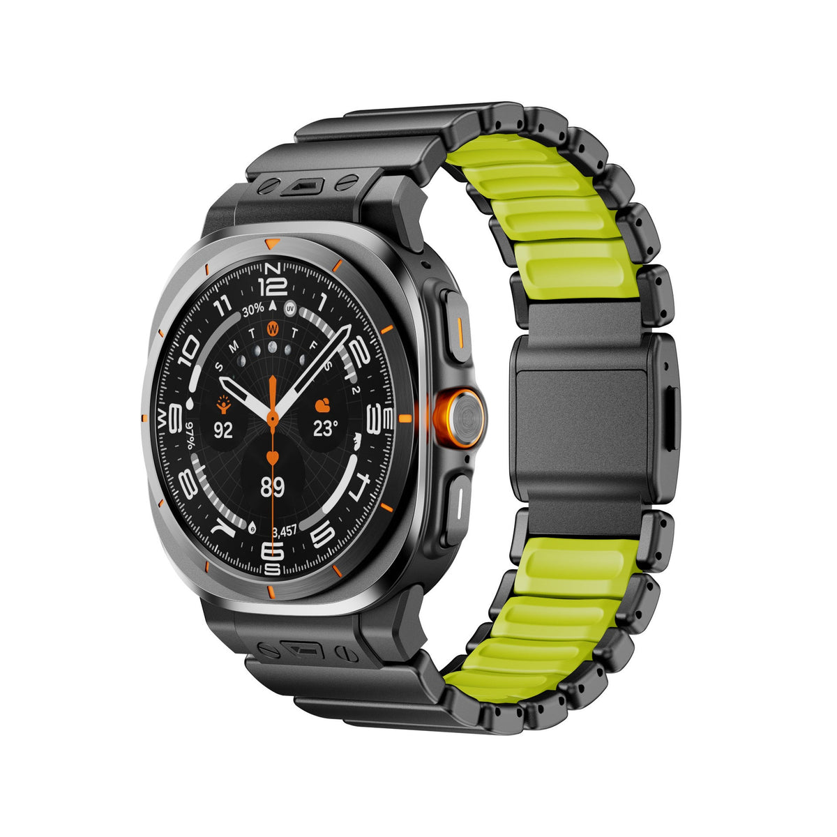 Bracelet Samsung Watch Ultra en titane gris avec maillons robustes et intérieur silicone jaune vif, fixation magnétique.