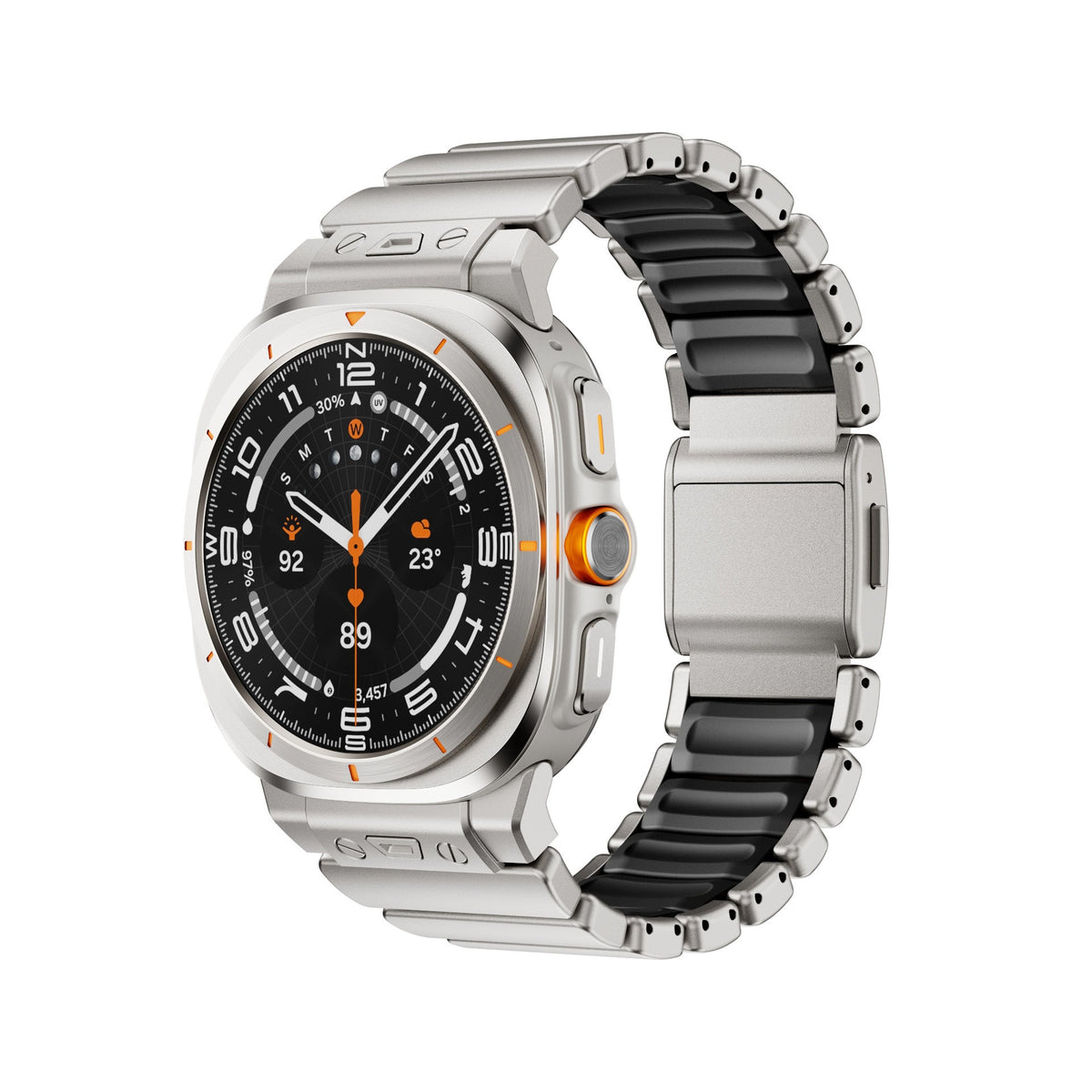 Bracelet Samsung Watch Ultra en titane argenté avec maillons robustes et intérieur silicone noir, fermoir magnétique acier.