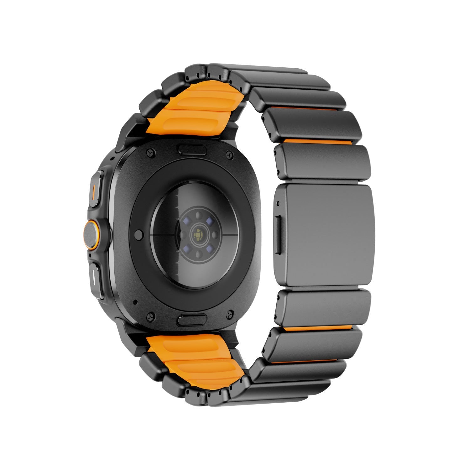 Bracelet Samsung Watch Ultra titane gris foncé avec intérieur silicone orange et maillons robustes, fixation magnétique.