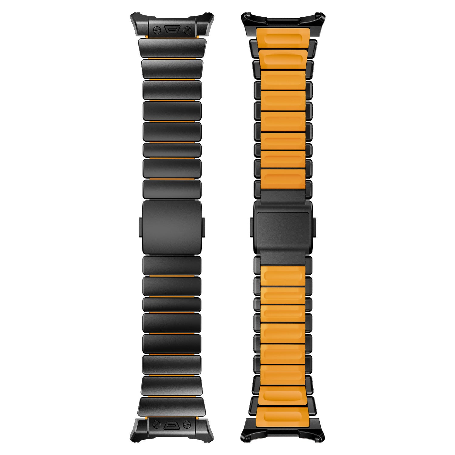 Bracelet Samsung Watch Ultra en titane noir avec maillons robustes et intérieur silicone orange, fermeture magnétique noire.