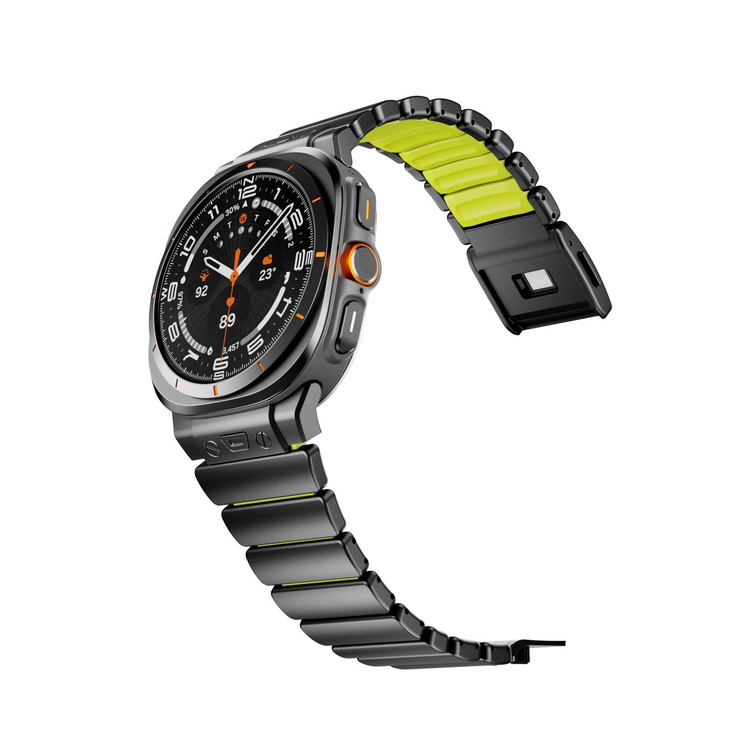 Bracelet Samsung Watch Ultra titane gris foncé, maillons robustes, intérieur silicone FKM vert fluo, fixation magnétique.