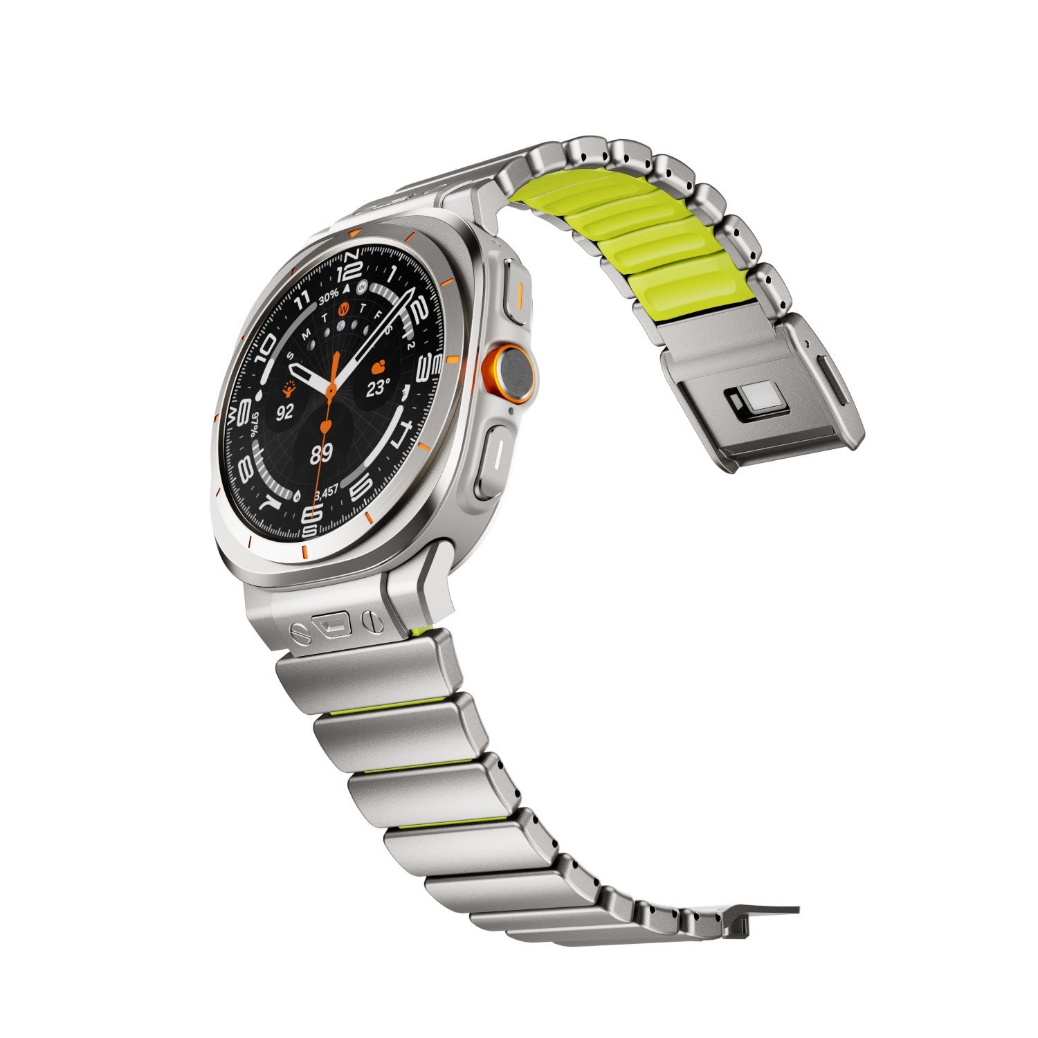 Bracelet Samsung Watch Ultra en titane gris avec intérieur silicone vert anis et fixation magnétique robuste.