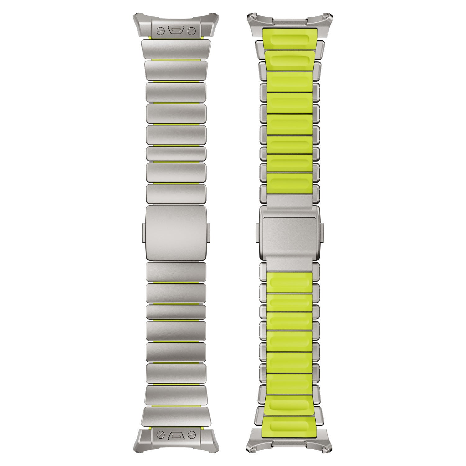 Bracelet Samsung Watch Ultra en titane gris avec maillons robustes et intérieur en silicone vert fluo, fixation magnétique.