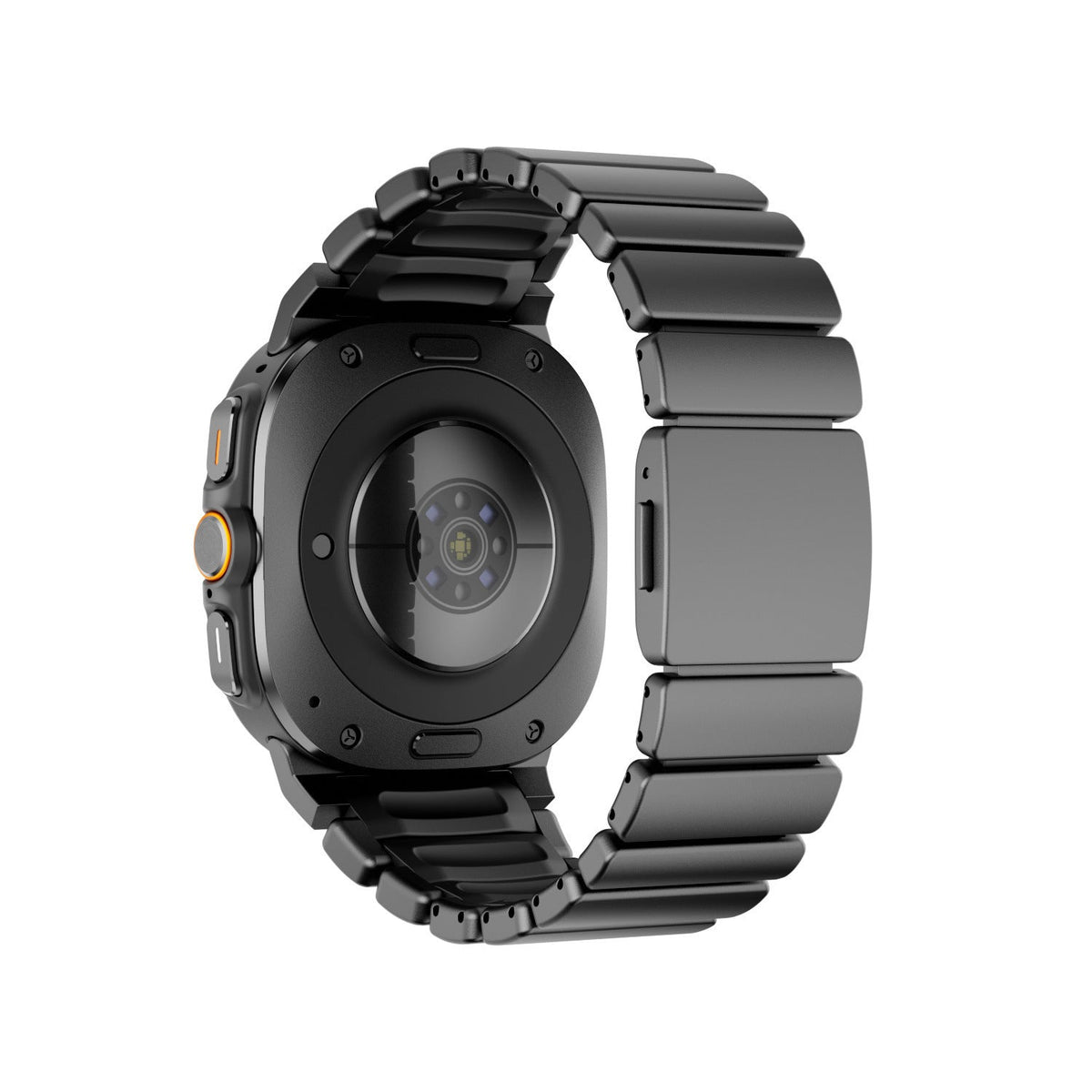 Bracelet en titane noir mat pour Samsung Watch Ultra avec maillons larges et fermeture magnétique.