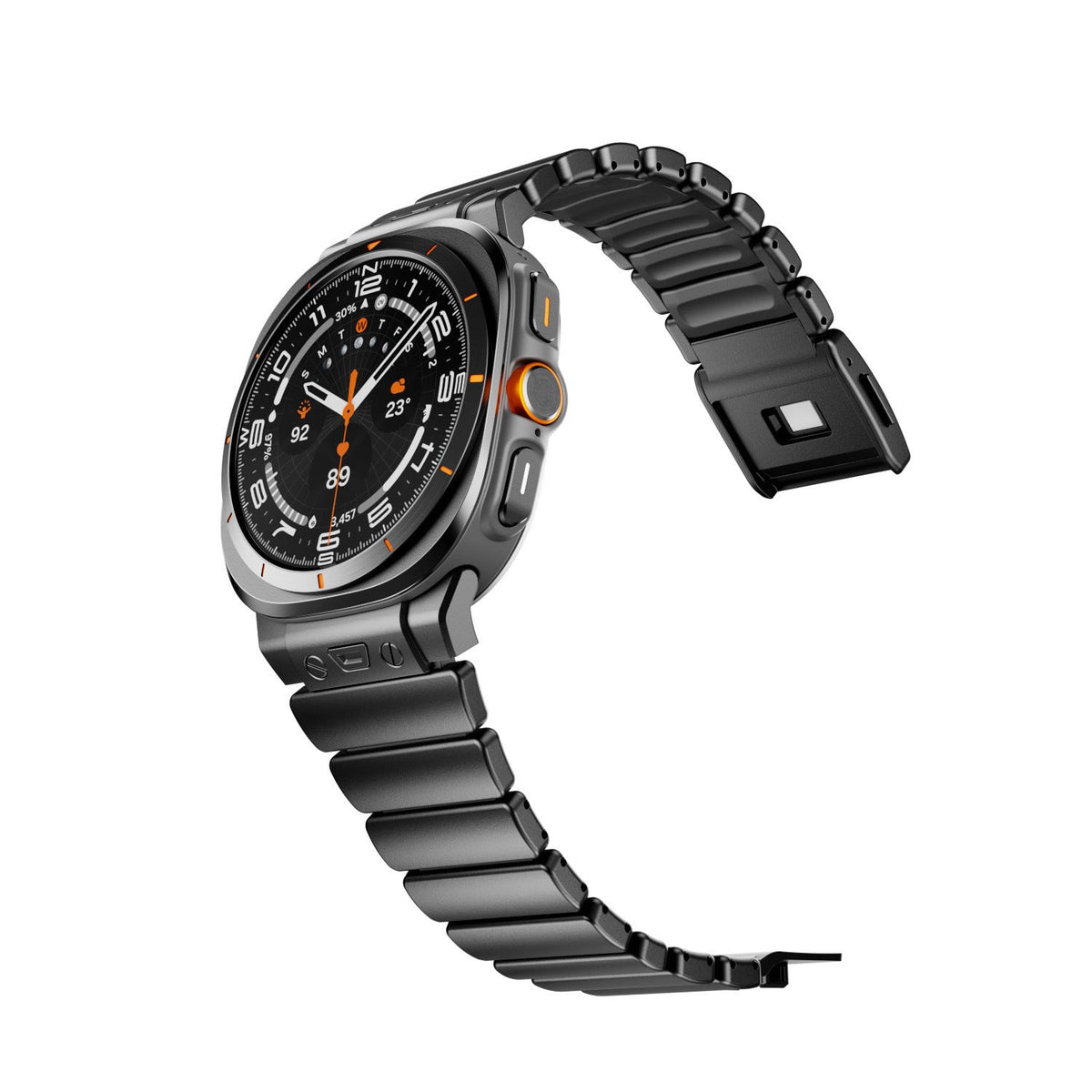 Bracelet Samsung Watch Ultra en titane noir mat à maillons larges, intérieur silicone noir, fixation magnétique.