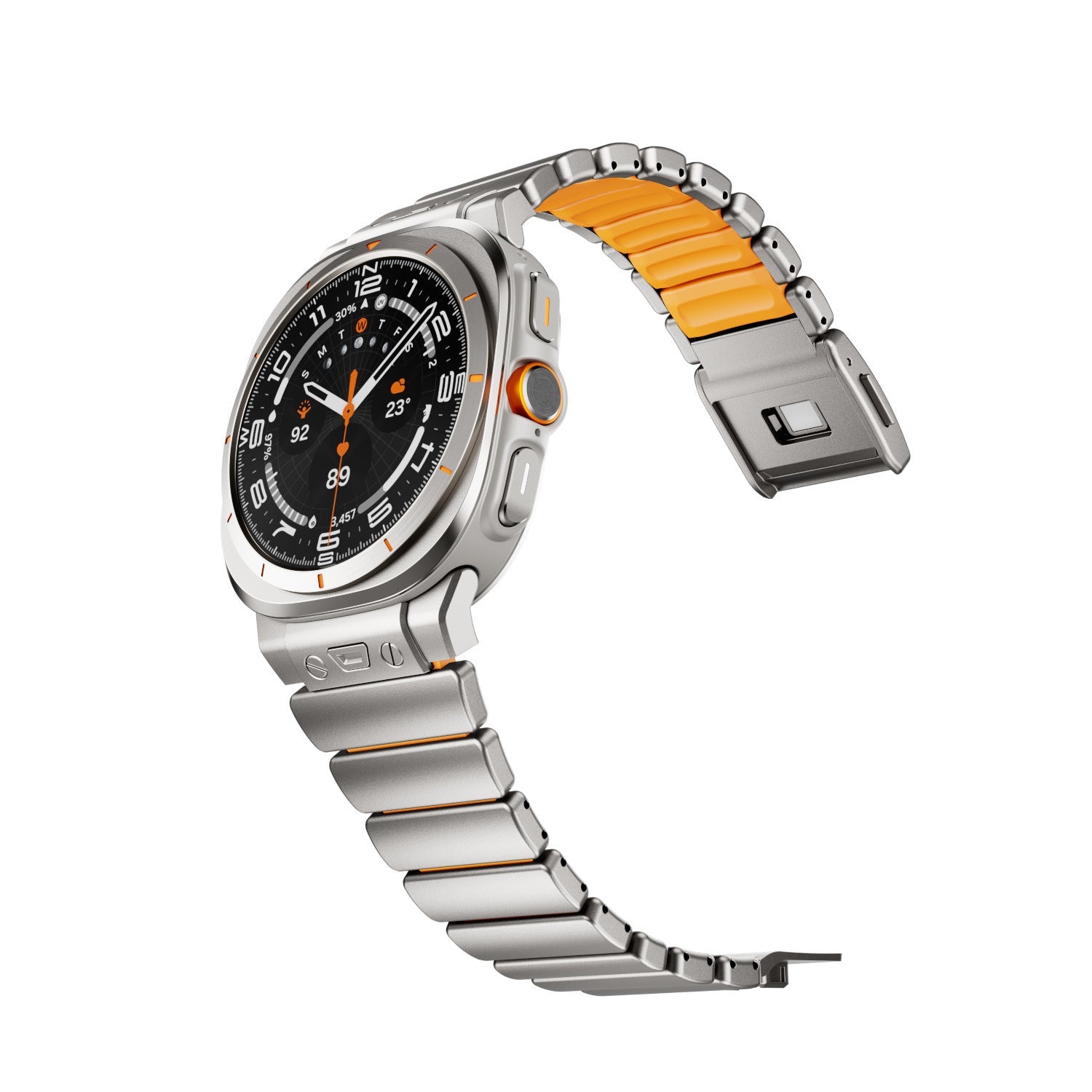 Bracelet pour Samsung Watch Ultra en titane gris avec intérieur orange en silicone FKM et fixation magnétique robuste.
