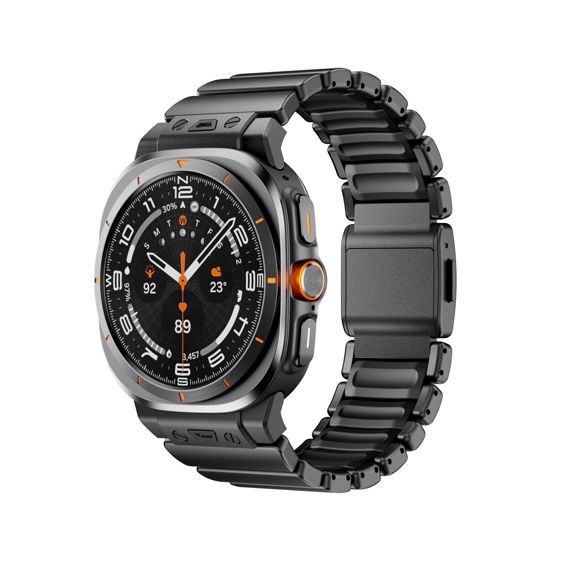 Bracelet Samsung Watch Ultra en titane gris foncé avec maillons robustes et intérieur en silicone noir, fixation magnétique.