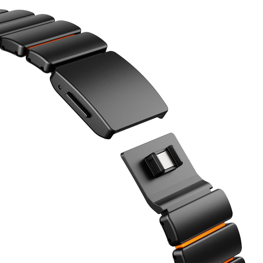 Bracelet pour Samsung Watch Ultra en titane gris anthracite avec intérieur en silicone noir et détails orange, maillons.