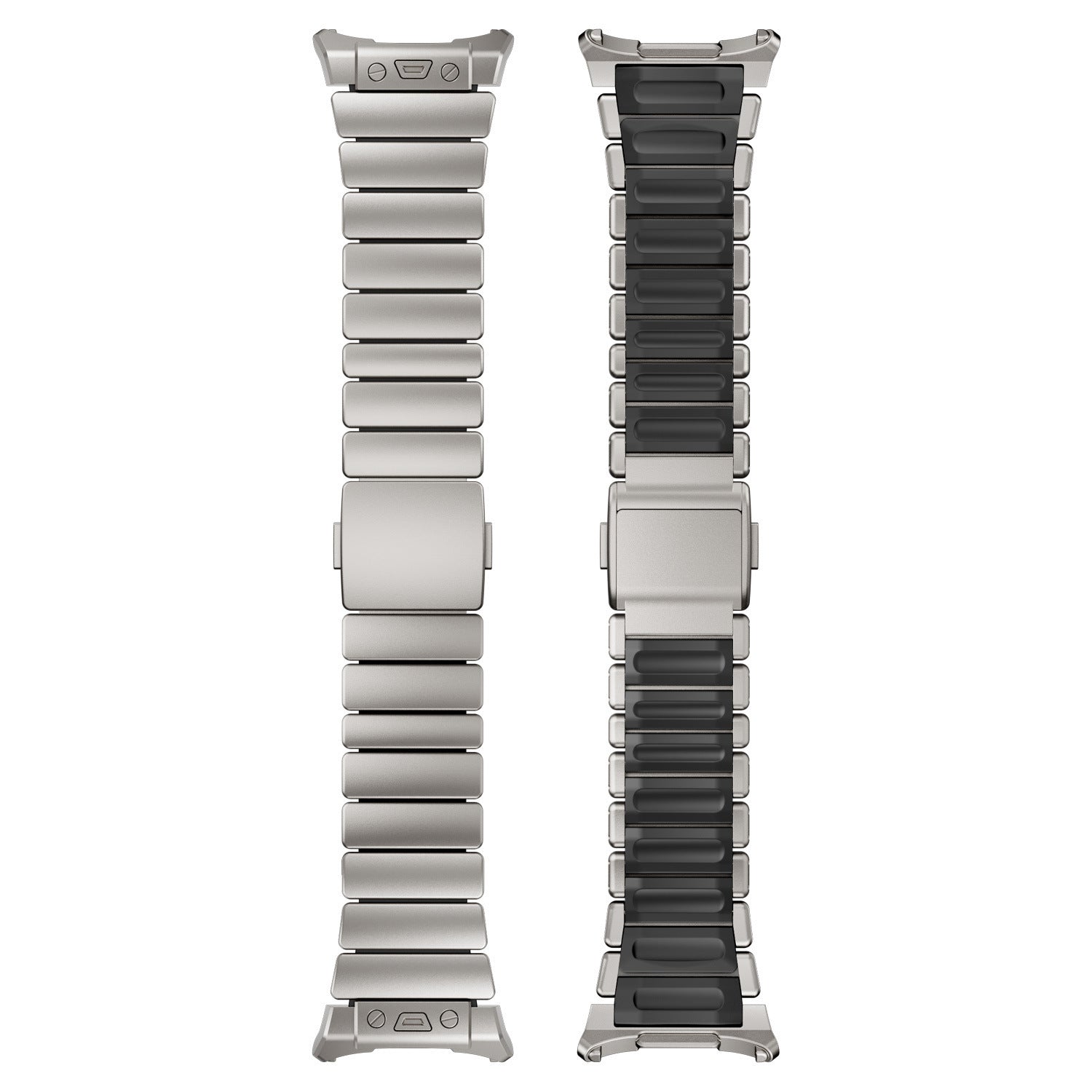 Bracelet Samsung Watch Ultra en titane gris avec intérieur noir en silicone FKM, maillons robustes et fermoir magnétique.