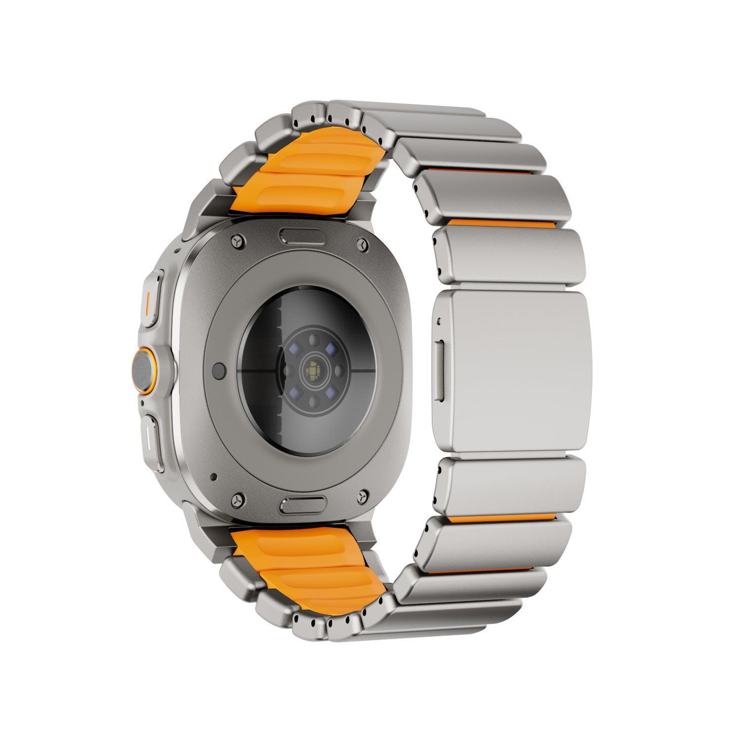 Bracelet titane gris avec maillons larges et intérieur silicone orange vif pour Samsung Watch Ultra, fixation magnétique.