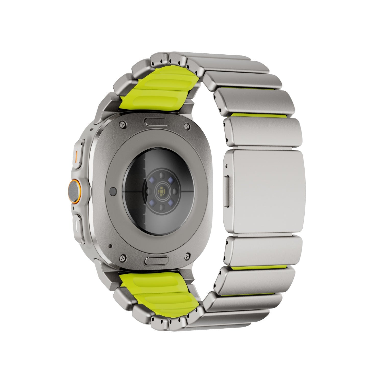 Bracelet Samsung Watch Ultra en titane argenté avec intérieur en silicone FKM vert vif et maillons robustes.