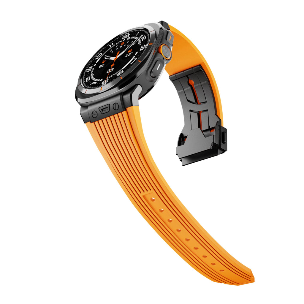 Bracelet silicone orange ultra-résistant pour Samsung Watch Ultra 47mm avec boucle déployante métal noire.