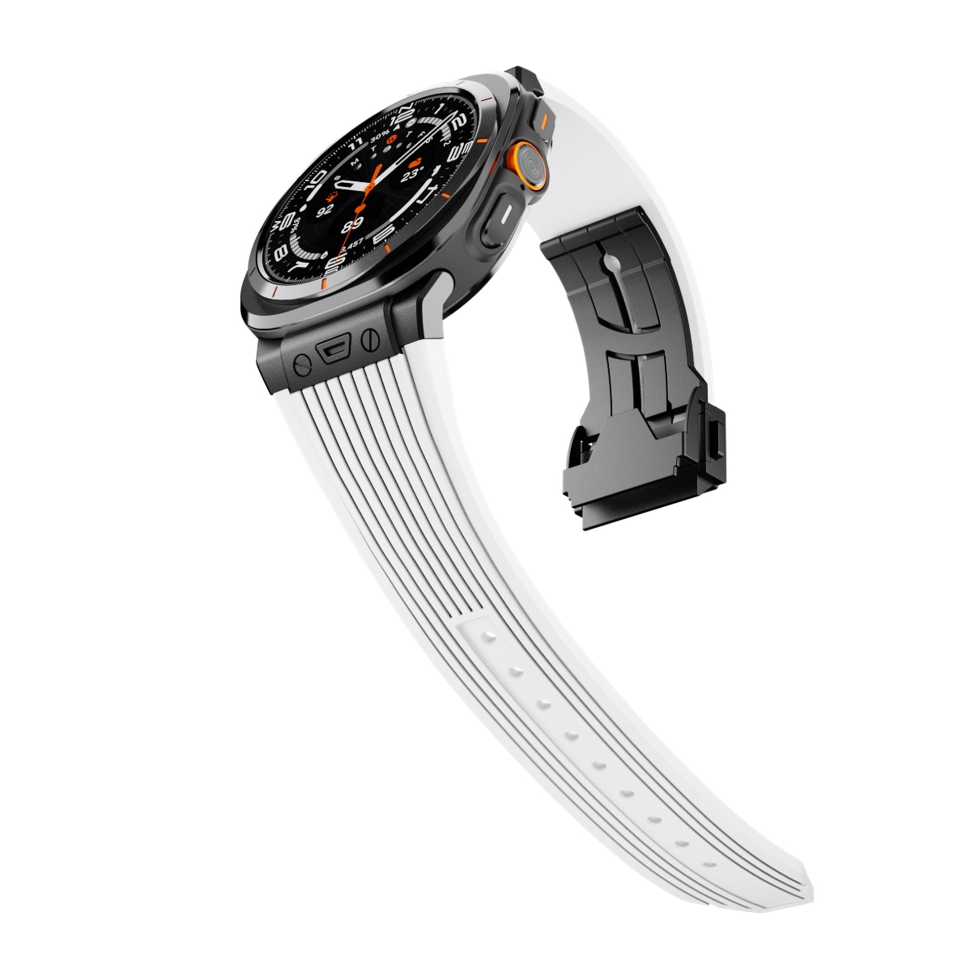 Bracelet silicone blanc ultra-résistant pour montre Samsung Ultra Sport 47mm avec boucle déployante métal noire.