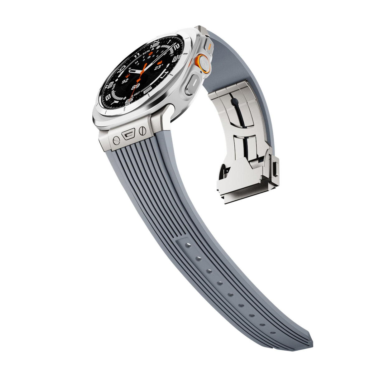 Bracelet silicone gris texturé avec boucle déployante métal argenté pour Samsung Watch Ultra 47mm.