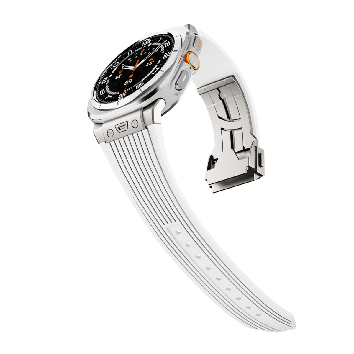 Bracelet blanc en silicone ultra-résistant pour Samsung Watch Ultra 47mm avec boucle déployante métal argenté.