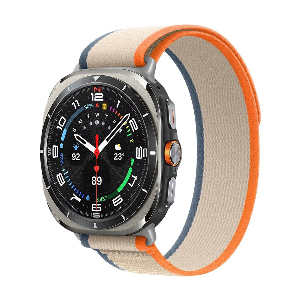 Bracelet pour Samsung Watch Ultra en nylon tressé beige et orange avec boucle velcro résistante.
