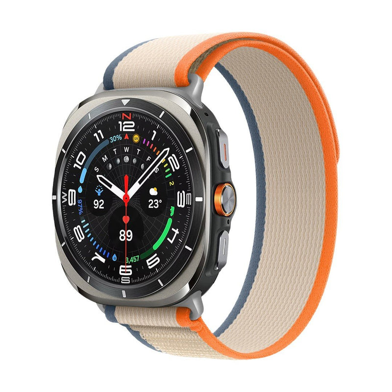 Bracelet pour Samsung Watch Ultra en nylon tressé beige et orange avec boucle velcro résistante.