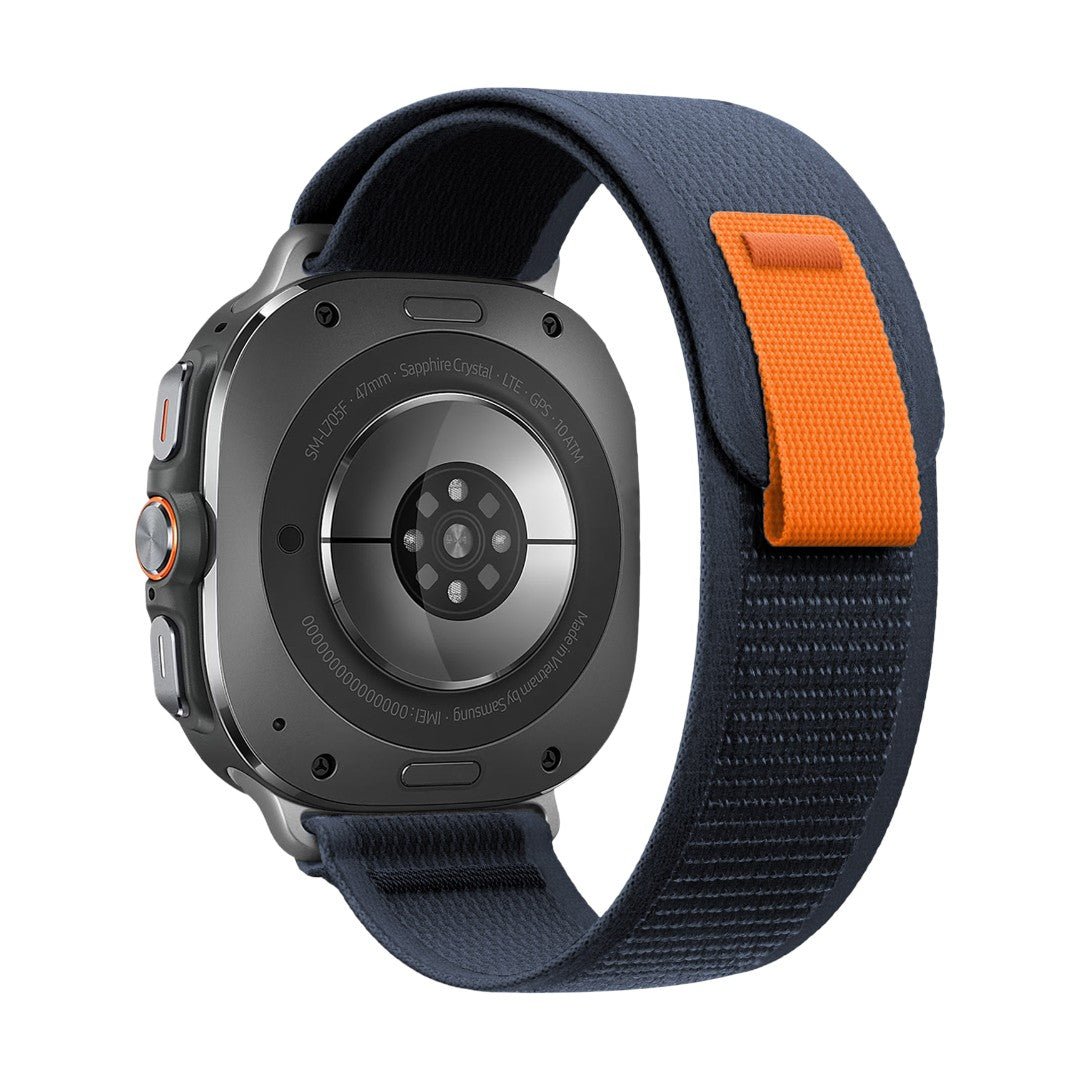 Bracelet nylon tressé bleu marine pour Samsung Watch Ultra 47 mm avec boucle velcro orange résistante.