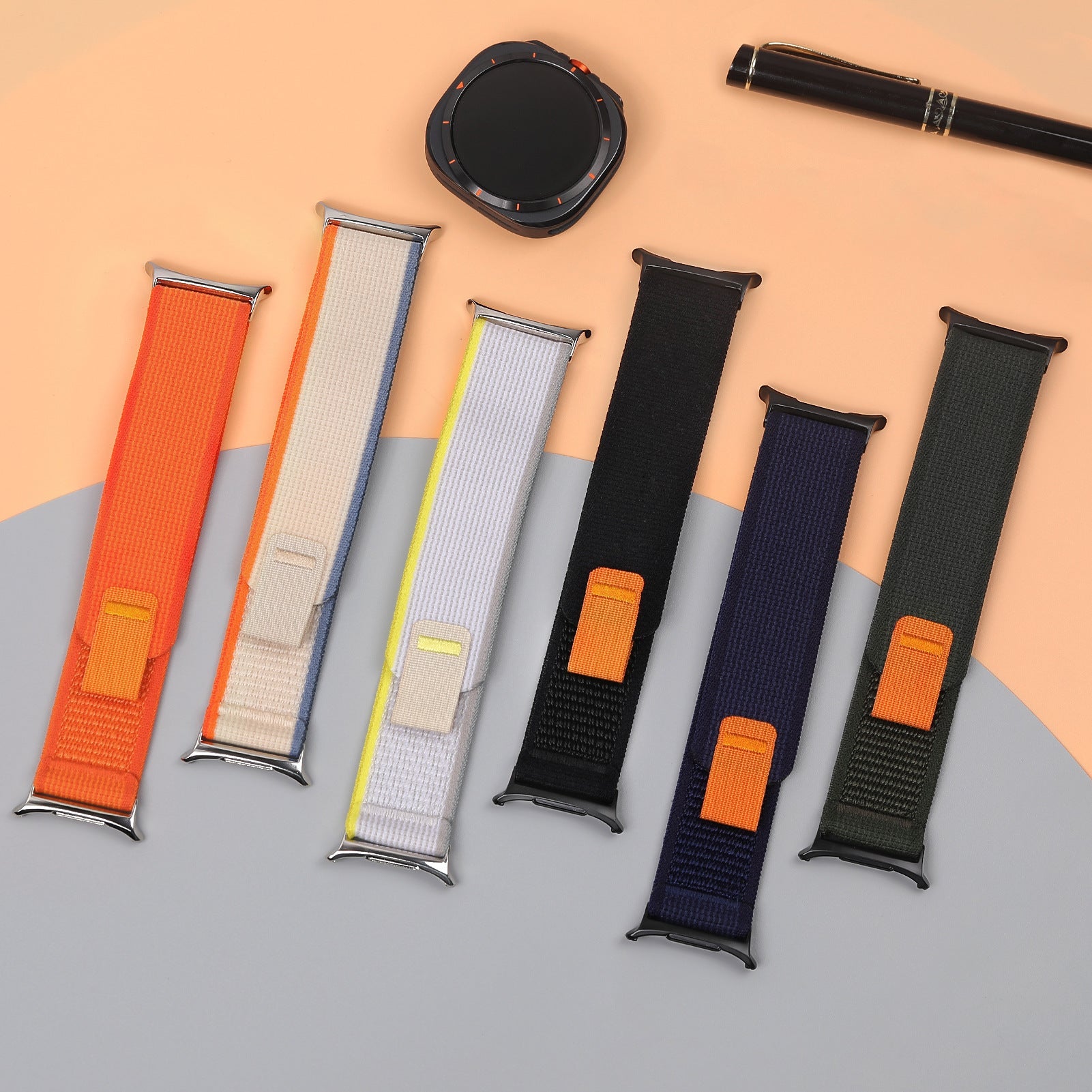Lot de bracelets Samsung Watch Ultra tressés en nylon, couleurs vives, boucle velcro orange résistante, style tactique.