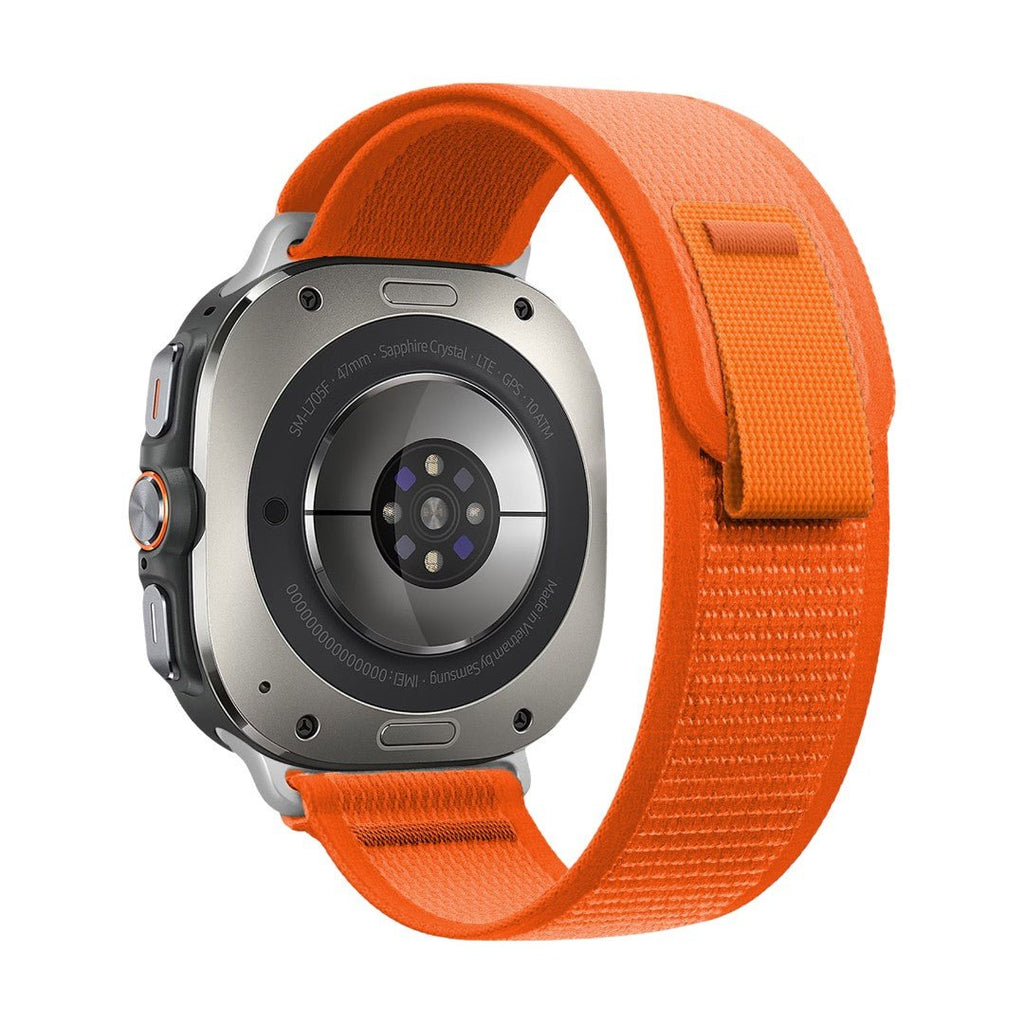 Bracelet Samsung Watch Ultra nylon tressé orange avec boucle velcro résistante, modèle Stenos, 47 mm.