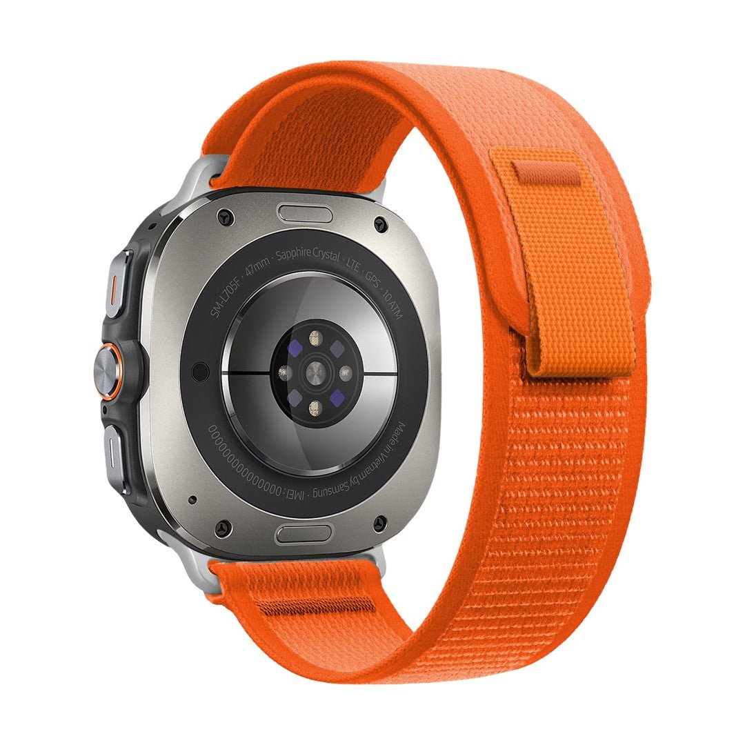 Bracelet Samsung Watch Ultra nylon tressé orange avec boucle velcro résistante, modèle Stenos, 47 mm.