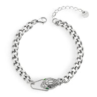 Bracelet serpent en argent avec yeux verts, maillons larges et finition polie.
