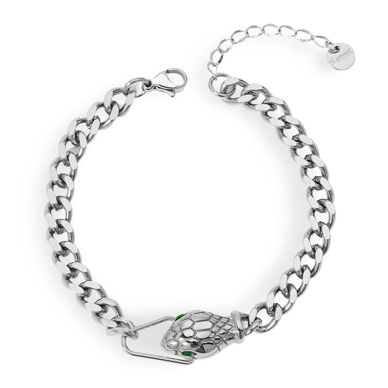 Bracelet serpent en argent avec yeux verts, maillons larges et finition polie.