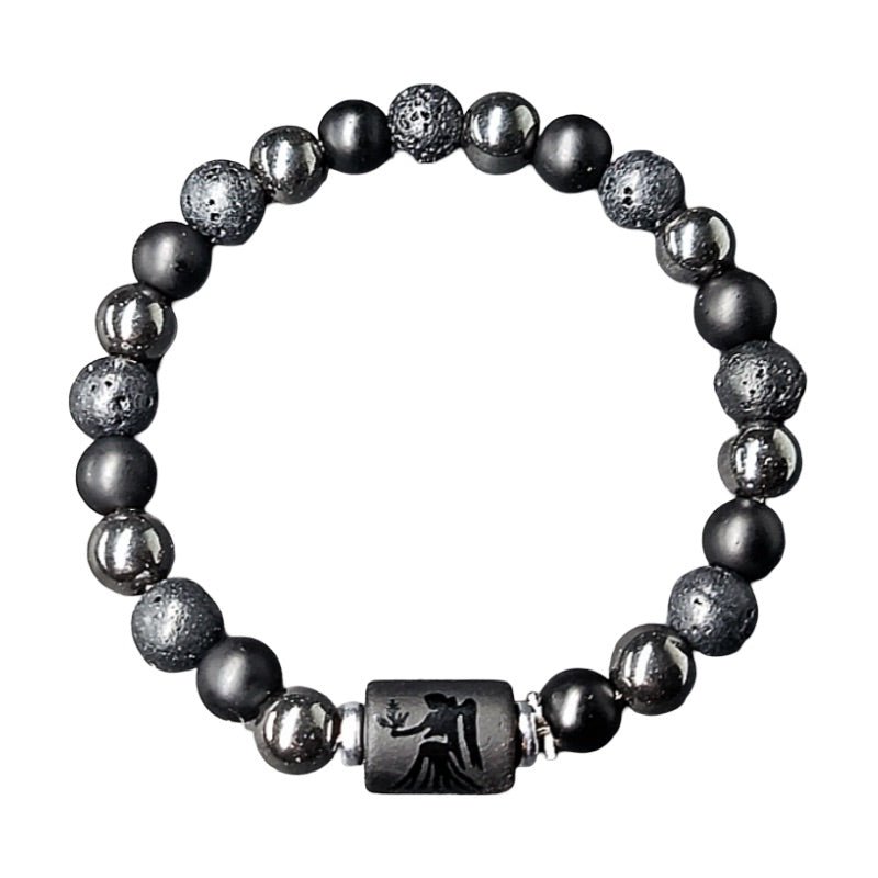 Bracelet élastique pour homme et femme en perles noires mates, pierres de lave rugueuses, hématite brillante et pendentif.