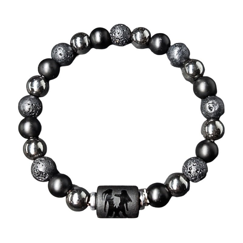 Bracelet élastique noir avec perles rondes de lave et hématite, motif signe astrologique gravé sur perle centrale en pierre.