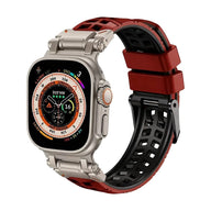 Bracelet silicone bicolore rouge et noir, design perforé, fermeture ardillon noire, sport pour Apple Watch.