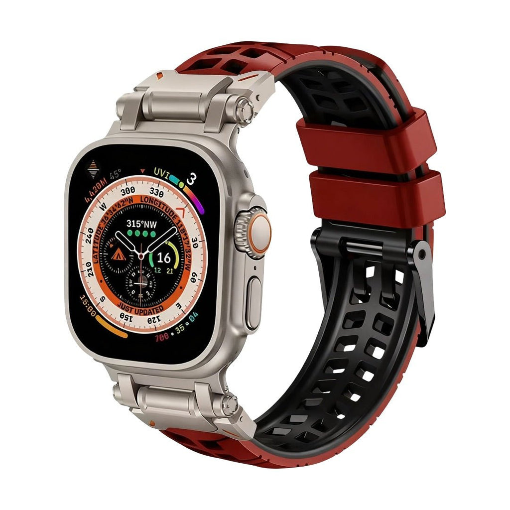 Bracelet silicone bicolore rouge et noir, design perforé, fermeture ardillon noire, sport pour Apple Watch.