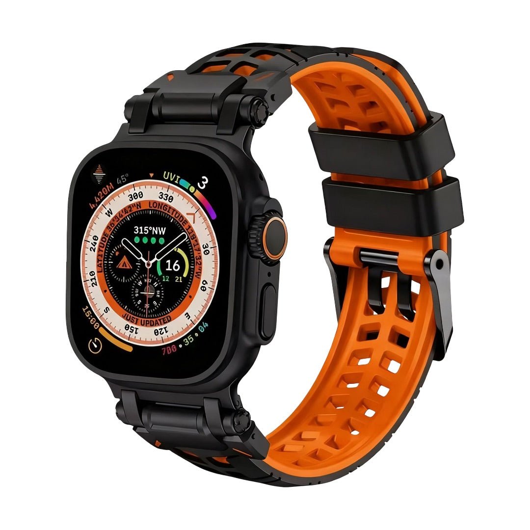 Bracelet silicone perforé noir et orange pour Apple Watch, fermeture à ardillon solide, design sportif.